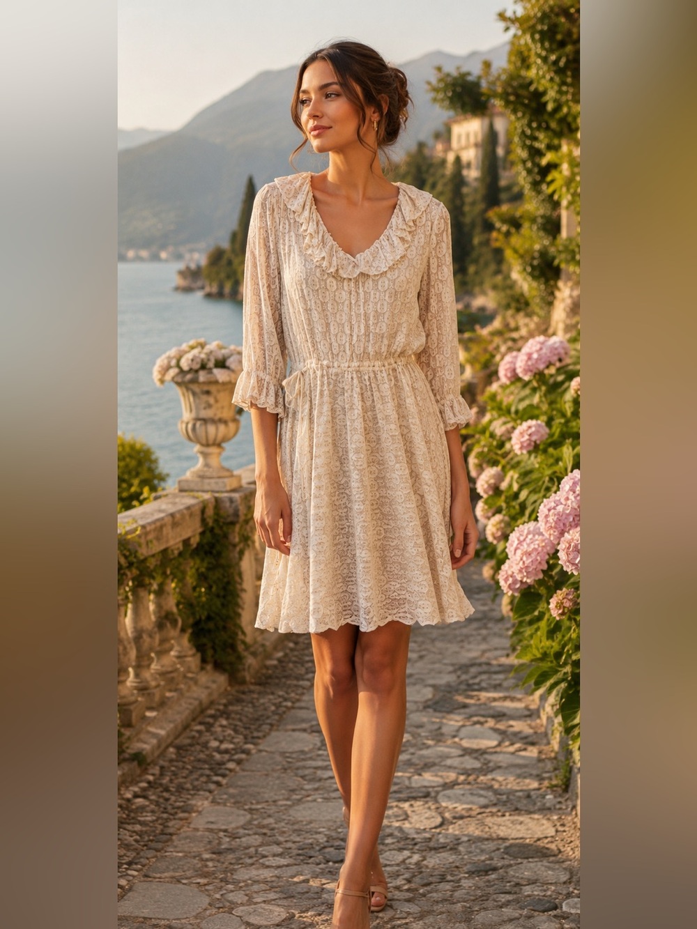 Tory Burch Cream Lace Long-Sleeve Ruffled V-Neck Dress